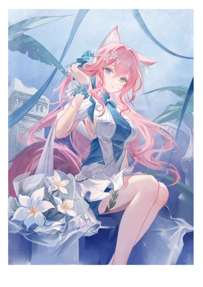 1girl animal_ear_fluff animal_ears arknights blue_dress blue_eyes border breasts cat_ears cat_girl cat_tail clothing_cutout column commentary dress feet_out_of_frame flower hair_flower hair_ornament hand_up heidi_(a_thousand_correspondences)_(arknights) heidi_(arknights) highres juweibingbang long_hair looking_at_viewer official_alternate_costume open_mouth pillar pink_hair plant shoulder_cutout sideboob sitting solo tail two-tone_dress very_long_hair white_border white_dress white_flower