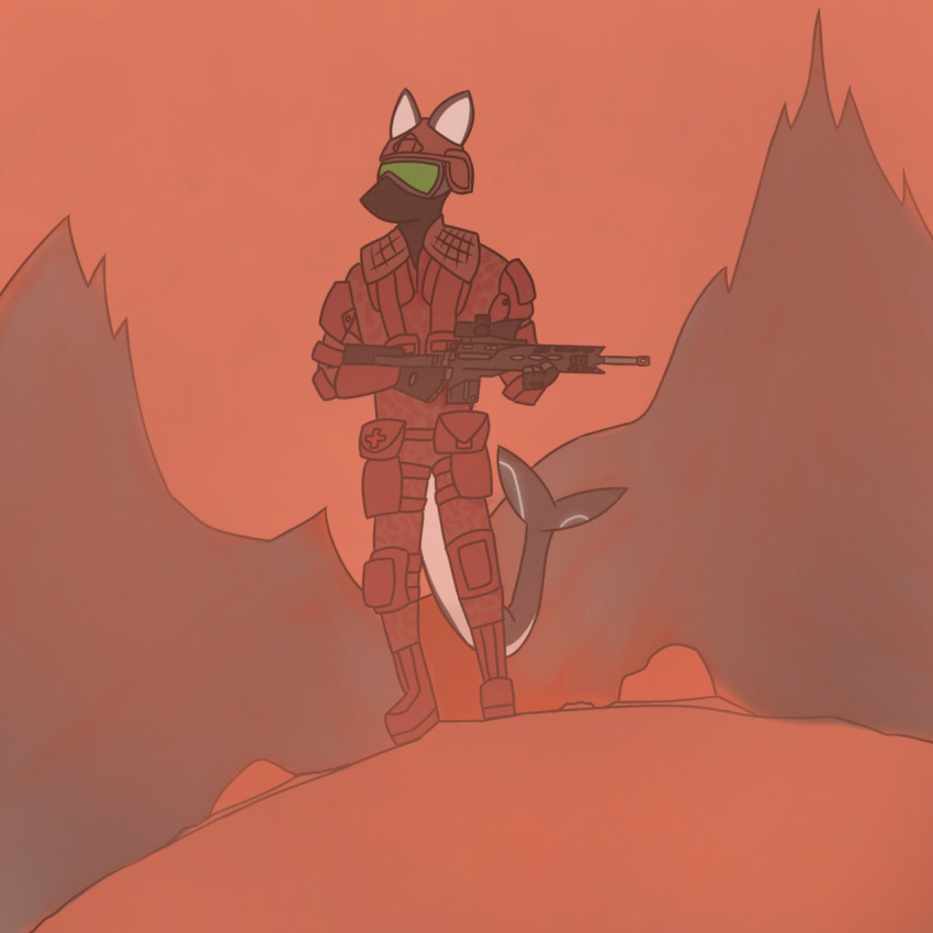 alien desert fish floofshark great_mother_(setting) gun hi_res johmn_(artist) marine marksman martian mountain ranged_weapon rifle rifle_scope shark shark_tail sniper_rifle soldier soldier_helmet soldier_uniform streamline_(character) warrior weapon