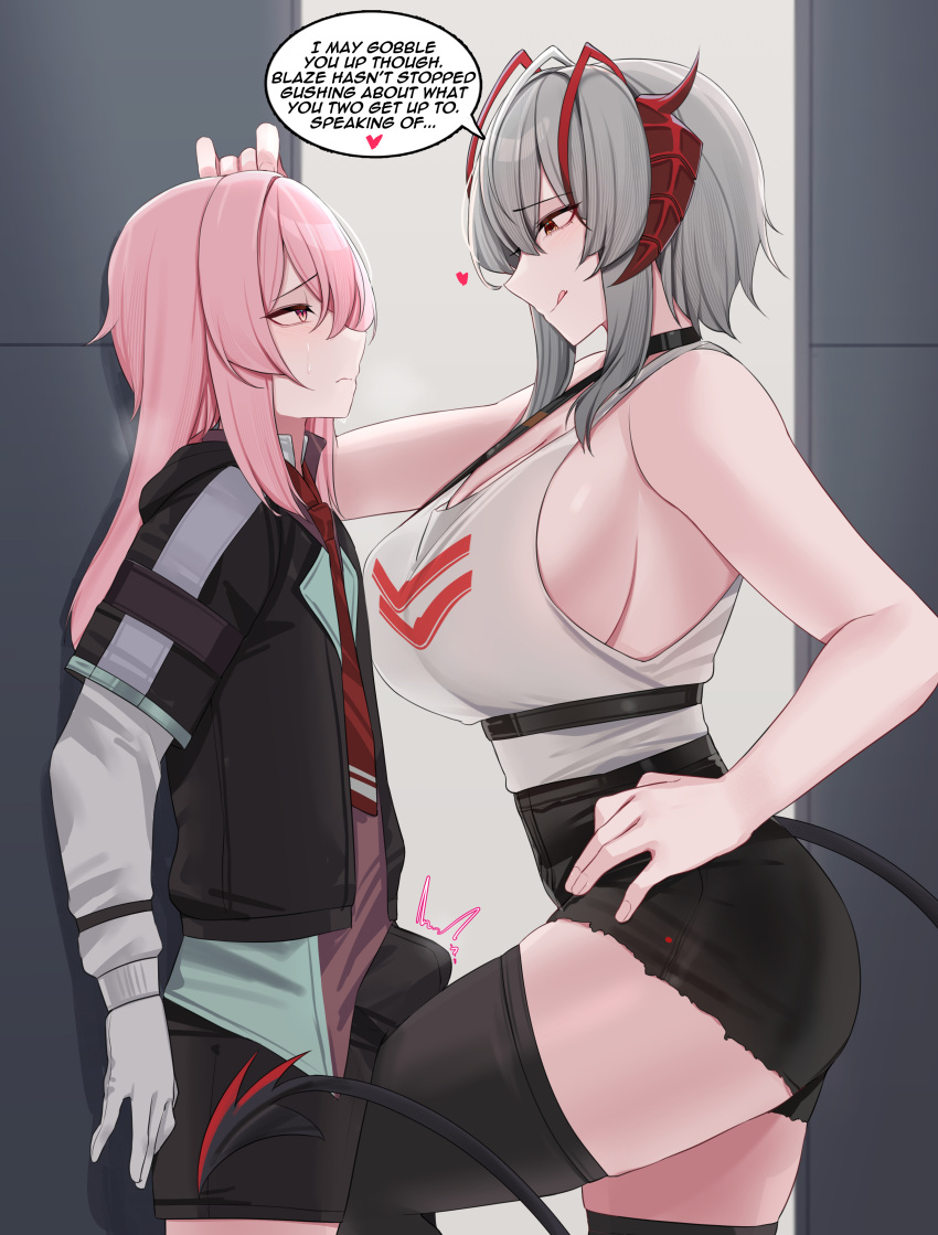 1boy 1girl :q absurdres against_wall animal_ears ansel_(arknights) antenna_hair arknights bare_shoulders black_choker black_jacket black_shorts black_thighhighs blush breasts brown_eyes bulge choker cleavage closed_mouth demon_girl demon_horns demon_tail erection erection_under_clothes eye_contact from_side gloves grey_hair heart hetero highres horns indoors jacket kanta_(kanta_077) large_breasts long_hair long_sleeves looking_at_another multicolored_hair necktie official_alternate_costume open_clothes open_jacket pink_hair rabbit_boy rabbit_ears red_hair red_necktie shirt short_hair_with_long_locks short_shorts shorts sideboob sidelocks smile tail tank_top thighhighs tongue tongue_out two-tone_hair w_(arknights) white_gloves white_shirt