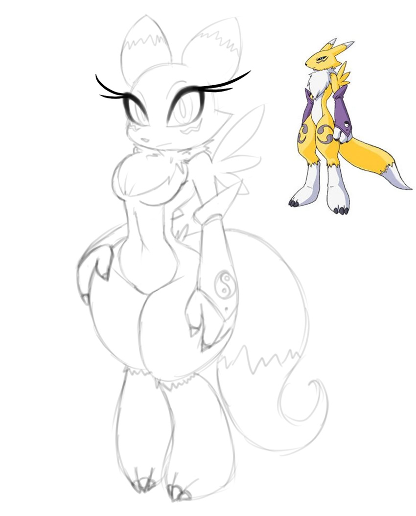 anthro armwear bandai_namco bit-small bridal_gauntlets clothing digimon digimon_(species) dipstick_tail eyelashes female gloves gloves_only handwear handwear_only hi_res long_eyelashes markings monochrome mostly_nude renamon solo tail tail_markings wide_hips