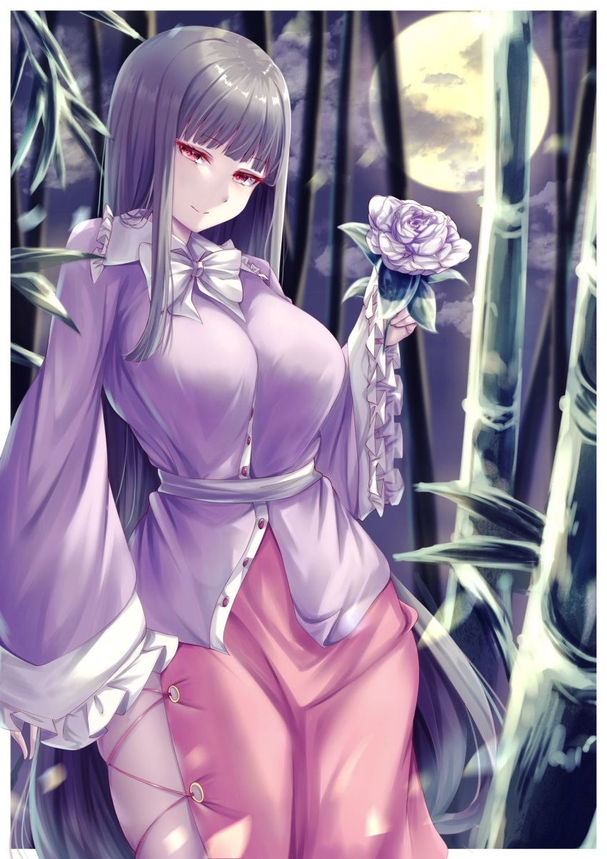 1girl bamboo bamboo_forest black_hair breasts closed_mouth commentary flower forest full_moon highres hime_cut holding holding_flower houraisan_kaguya large_breasts long_hair long_sleeves looking_at_viewer mirufui moon nature outdoors purple_shirt red_eyes red_skirt shirt skirt smile solo touhou very_long_hair wide_sleeves