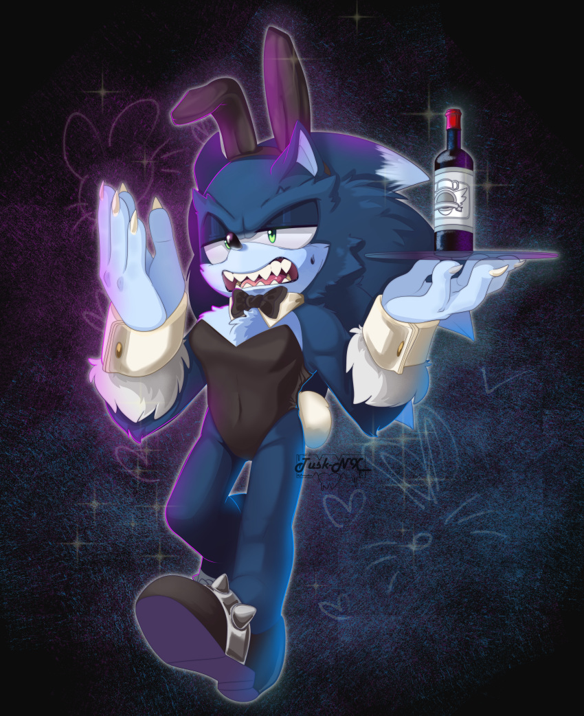 absurd_res alcohol anthro beverage bunny_costume clothed clothing cosplay costume crossdressing eulipotyphlan fake_ears fake_rabbit_ears fangs hedgehog hi_res leotard male mammal sega solo sonic_the_hedgehog sonic_the_hedgehog_(series) sonic_the_werehog sonic_unleashed teeth tusk_nx were wereeulipotyphlan werehog wine wine_bottle