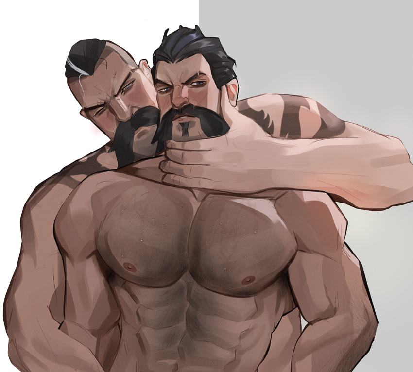 2boys abs alternate_hairstyle averting_eyes bara beard black_hair blush braum_(league_of_legends) chest_hair completely_nude facial_hair frown graves_(league_of_legends) hair_slicked_back head_grab heads_together highres implied_crotch_grab large_hands large_pectorals league_of_legends long_mustache male_focus mature_male multiple_boys muscular muscular_male nipples nude pectorals short_hair sociopotato1 stomach thick_eyebrows thick_mustache two-tone_background upper_body