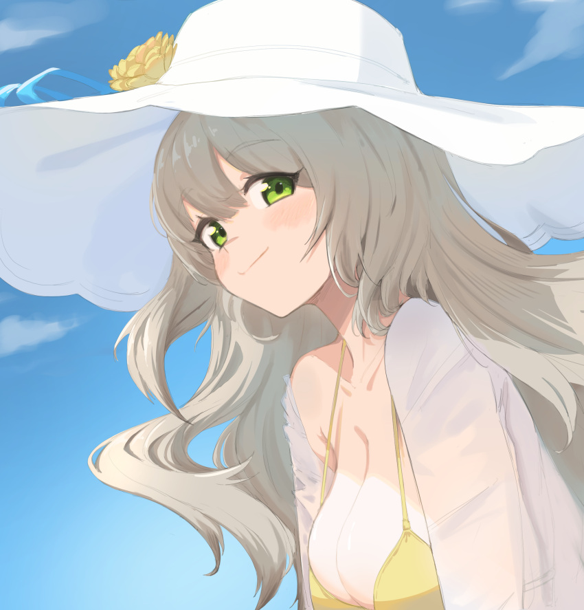 1girl bikini blue_archive blue_sky breasts cleavage cloud cloudy_sky collarbone commentary_request green_eyes grey_hair hair_between_eyes halo hat highres large_breasts leaning_forward long_hair long_sleeves looking_at_viewer midriff nonomi_(blue_archive) nonomi_(swimsuit)_(blue_archive) official_alternate_costume outdoors radioneet sidelocks sky sleeveless smile solo sun_hat swimsuit yellow_bikini