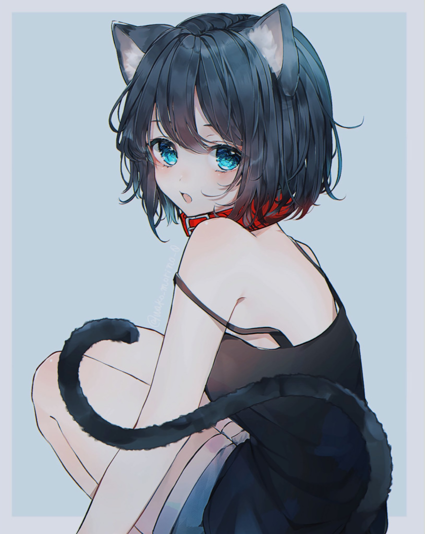 1girl animal_collar animal_ears black_camisole black_hair blue_eyes blue_shorts camisole cat_ears cat_girl cat_tail collar fang highres looking_at_viewer open_mouth original short_hair shorts solo strap_slip tail wako_morino