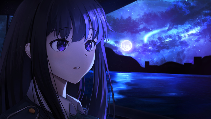 1girl absurdres black_hair chxoswolf cloud collared_shirt full_moon highres inoue_takina long_hair looking_at_another lycoris_recoil lycoris_uniform moon moonlight mountainous_horizon night night_sky outdoors parted_lips portrait purple_eyes purple_hair shirt sidelocks sky solo star_(sky) starry_sky water