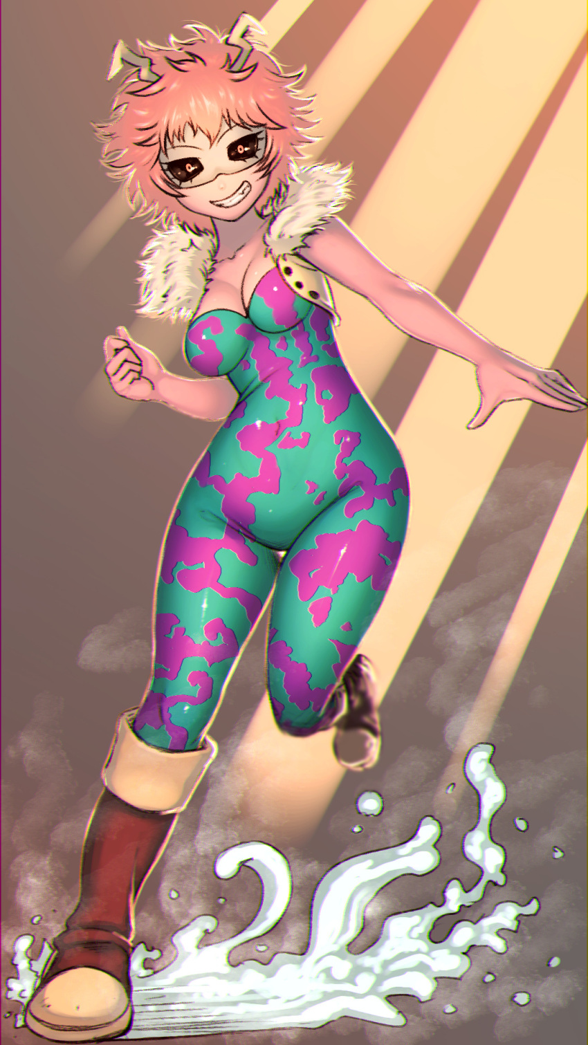 1girl acid ashido_mina bare_shoulders black_sclera boku_no_hero_academia boots breasts brown_background brown_footwear brown_vest cleavage clenched_hand collarbone colored_sclera colored_skin commentary foreshortening full_body fur-trimmed_vest fur_trim goggles green_unitard grin hand_up highres horns knee_boots looking_at_viewer medium_breasts messy_hair outstretched_arms parted_lips pink_hair pink_skin pink_unitard rimviolet running shadow short_hair sleeveless smile solo splashing steam thigh_gap two-tone_unitard unitard vest wavy_hair wide_hips yellow_eyes