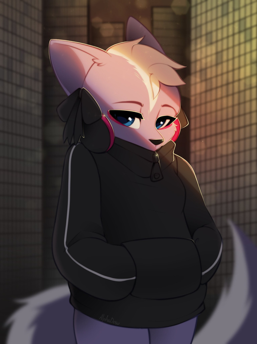 2023 aggressive_retsuko alphadesu anthro big_tail black_clothing black_hoodie black_topwear blue_eyes clothing digital_media_(artwork) female fur hands_in_both_pockets hi_res hoodie mammal mephitid netflix sanrio shikabane skunk solo tail topwear