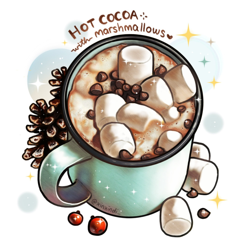chocolate cup english_text food food_focus highres hot_chocolate marshmallow mug no_humans original sparkle still_life xindi