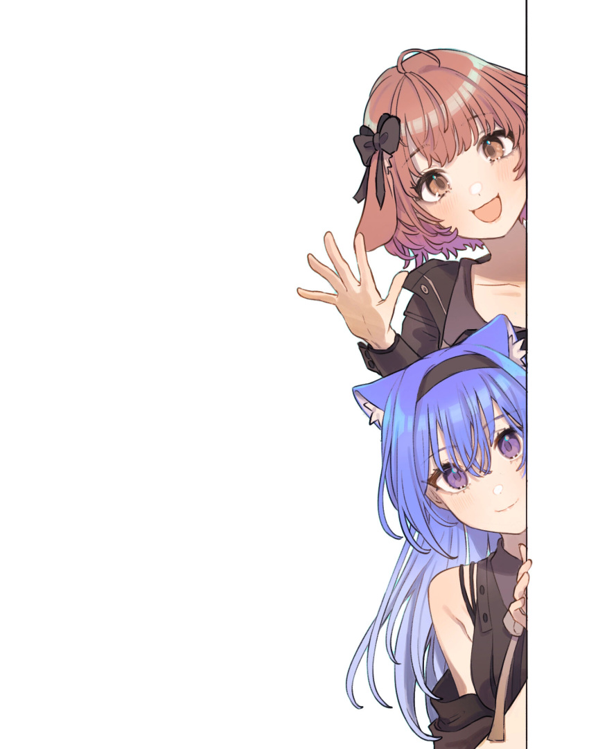 2girls animal_ears black_hairband black_shirt blue_hair blush brown_hair cat_ears hair_ribbon hairband highres idolmaster idolmaster_shiny_colors ikuta_haruki kemonomimi_mode looking_at_viewer lop_rabbit_ears multiple_girls peeking_out rabbit_ears ribbon shirt simple_background smile suzuki_hana tanupon waving white_background