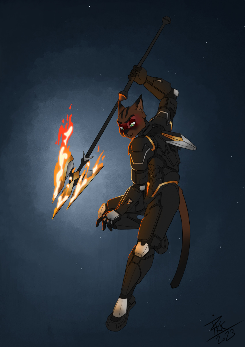 2023 ambiguous_gender anthro armor biped black_body black_fur brown_body brown_fur cheek_tuft clothed clothing dipstick_ears dipstick_tail facial_tuft fire foxxj fur futuristic_armor green_eyes hi_res holding_object holding_polearm holding_weapon inner_ear_fluff mammal markings melee_weapon multicolored_ears pink_nose polearm pupils signature slit_pupils solo species_request tail tail_markings trident tuft weapon