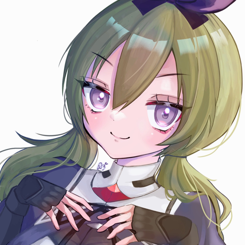 &gt;:) 1girl artist_name assault_lily black_bow black_gloves black_ribbon black_shirt bow closed_mouth commentary_request cropped_jacket fingerless_gloves gloves green_hair hair_between_eyes hair_bow hands_up highres long_hair long_sleeves looking_at_viewer low_twintails myuru_(q_t_a_q) neck_ribbon portrait purple_eyes ribbon school_uniform shirt simple_background solo twintails two-tone_shirt v-shaped_eyebrows white_background white_shirt yamanashi_hibari yurigaoka_girls_academy_school_uniform