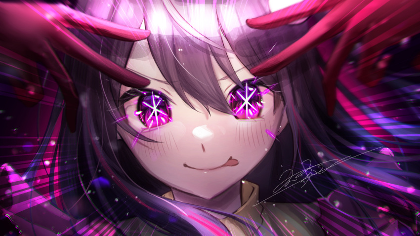 1girl blush chromatic_aberration close-up closed_mouth commentary double_w dress frilled_dress frills hair_between_eyes hair_ornament highres hoshino_ai's_pose hoshino_ai_(oshi_no_ko) long_hair looking_at_viewer making-of_available one_side_up oshi_no_ko pink_dress portrait purple_eyes purple_hair rokuya_(68_zusao) signature smile solo star-shaped_pupils star_(symbol) symbol-shaped_pupils tongue tongue_out turtleneck_dress w