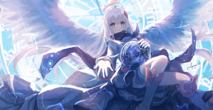 1girl angel blue_scarf bright_pupils constellation crystal_ball feathered_wings genshin_impact grey_eyes halo highres jacket large_wings long_hair long_sleeves looking_at_viewer magic_circle paimon_(genshin_impact) parted_lips reaching reaching_towards_viewer scarf sealgege signature solo thighhighs white_hair white_jacket white_pupils white_thighhighs white_wings wings