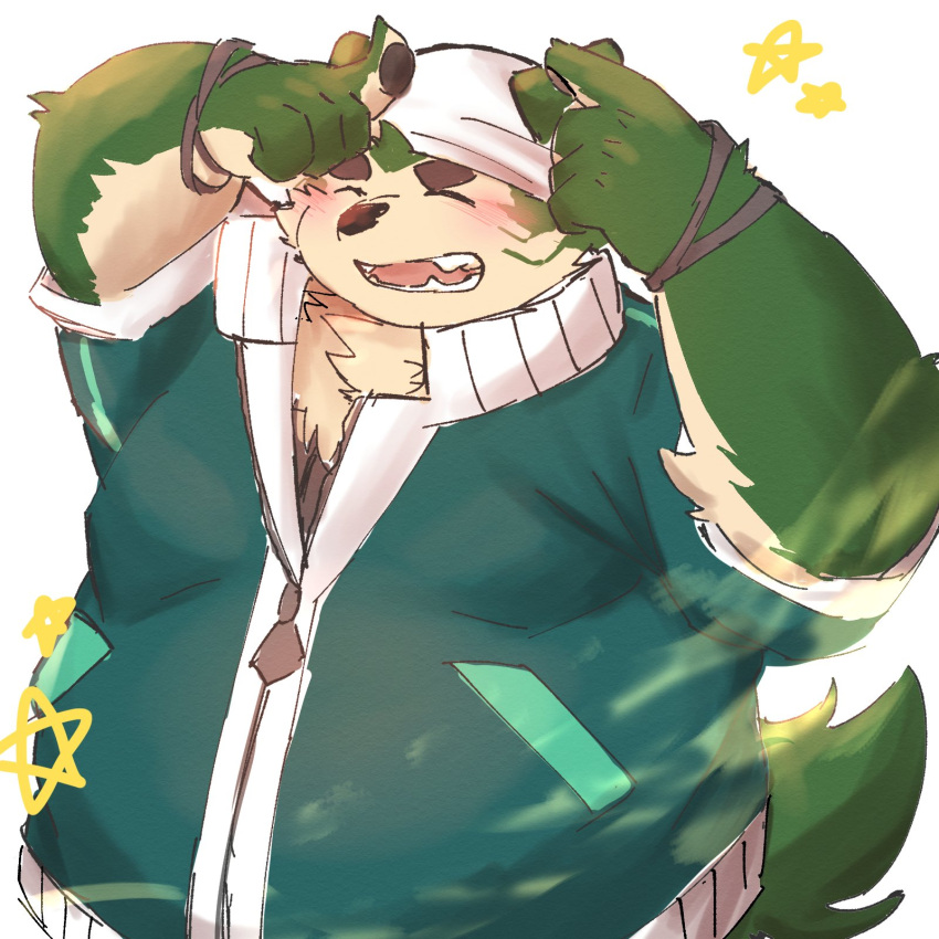 anthro bandanna blush canid canine canis clothing domestic_dog fur green_body green_fur hi_res jacket kerchief komu_san8 lifewonders live_a_hero male mammal mokdai overweight smile solo topwear wristband