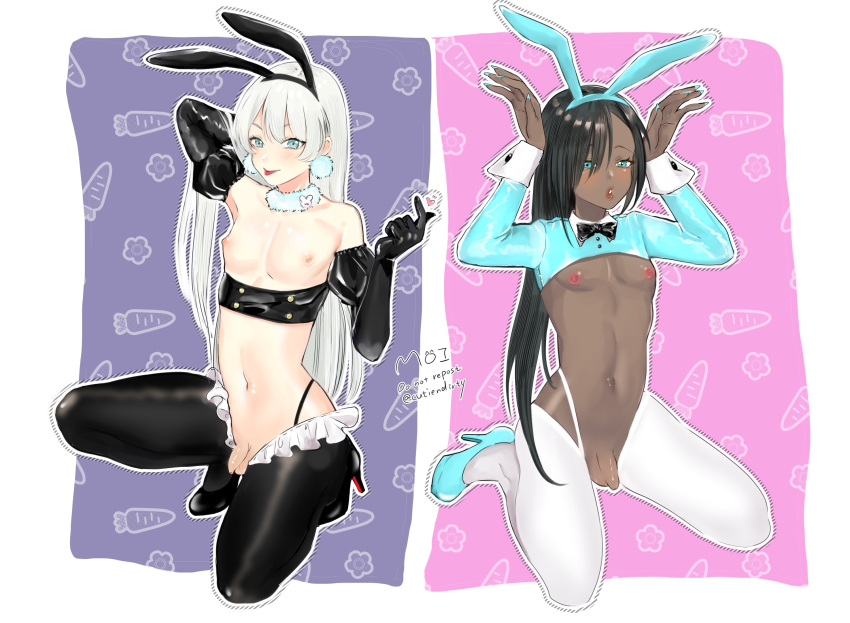 2boys animal_ears aqua_eyes aqua_footwear aqua_shirt arm_up armpits bare_shoulders black_footwear black_hair black_pantyhose blue_eyes border collarbone crossdressing crotchless crotchless_pantyhose cutiendirty dark-skinned_male dark_skin dated detached_sleeves earrings fake_animal_ears foreskin fur_choker grey_hair hair_over_one_eye highres jewelry juliet_sleeves kneeling long_hair long_sleeves looking_at_viewer male_focus male_playboy_bunny meme_attire multiple_boys navel nipples on_ground original otoko_no_ko panties pantyhose parted_bangs penis phimosis pink_background puffy_chest puffy_sleeves purple_background rabbit_ears reverse_bunnysuit reverse_outfit shirt shrug_(clothing) signature sitting stomach tongue tongue_out twitter_username uncensored underwear wariza white_border white_panties