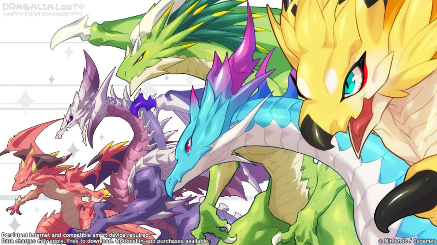 2girls 3boys anniversary black_sclera blue_eyes brunhilda_(dragalia_lost) claws colored_sclera copyright_name dragalia_lost dragon dragon_horns dragon_tail dragon_wings english_commentary from_side happy_anniversary highres horns jupiter_(dragalia_lost) looking_to_the_side mercury_(dragalia_lost) midgardsormr_(dragalia_lost) multiple_boys multiple_girls official_art purple_eyes red_eyes tail wings yanagawa_eri zodiark_(dragalia_lost)
