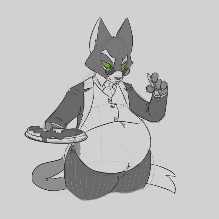 4_fingers absurd_res anthro belly big_belly bloated classy clothing cutlery dark_body dark_fur domestic_cat eating eating_food eyewear felid feline felis fingers food fork fur glasses green_sclera hi_res holding_plate kitchen_utensils lackadaisy looking_at_belly looking_down looking_down_at_self male mammal monochrome mordecai_heller overweight overweight_anthro overweight_male pancake plate riece_ranchoa solo suit thick_thighs tools webcomic