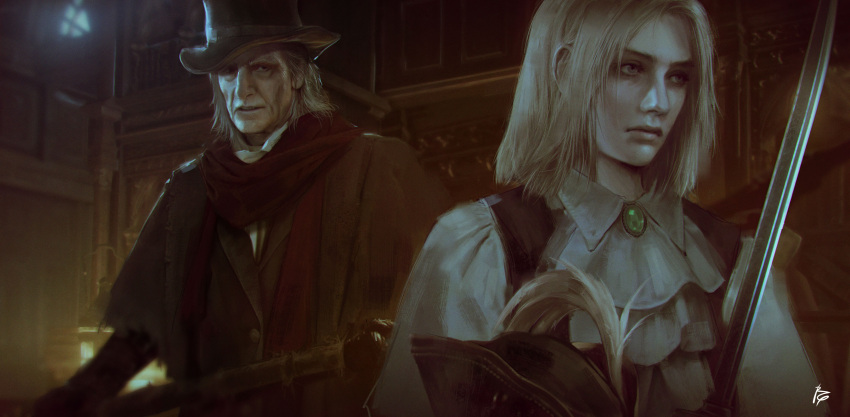 1boy 1girl absurdres ascot bloodborne coat gehrman_the_first_hunter gem green_gemstone grey_hair hat hat_feather highres holding holding_sword holding_weapon indoors lady_maria_of_the_astral_clocktower looking_at_another medium_hair raquelcornejo red_scarf scarf sword top_hat tricorne weapon