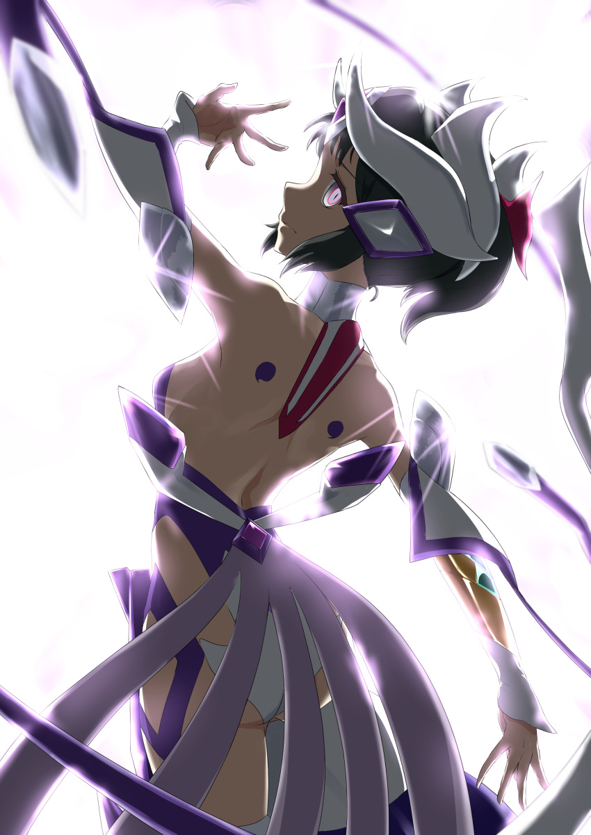 1girl absurdres backless_bodysuit bare_shoulders black_hair bodysuit bracelet forehead_jewel headgear headphones highres horns jewelry kohinata_miku medium_hair panties purple_bodysuit purple_eyes ringed_eyes senki_zesshou_symphogear shem-ha sidelocks underwear white_panties yagikan_(caru2338)