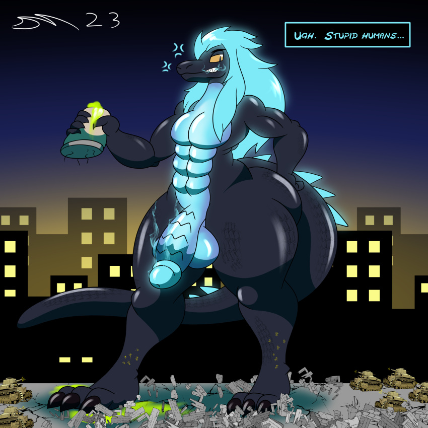 absurd_res black_body black_scales black_skin blue_hair blue_underbelly city city_background city_crushing cityscape dinosaur dirtymac genitals giant_mons girly glowing glowing_body glowing_genitalia glowing_hair glowing_penis godzilla godzilla_(series) hair hi_res kaiju lizard male penis reptile scales scalie tank toho vehicle