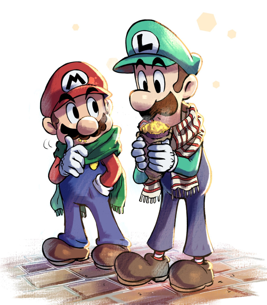 2boys blue_overalls boots brick_floor brothers brown_footwear brown_hair facial_hair food food_on_face full_body gloves green_headwear green_scarf green_shirt hand_in_pocket hat highres holding holding_food looking_at_another luigi mario mario_&amp;_luigi_rpg mario_(series) masanori_sato_(style) multiple_boys mustache overalls red_headwear red_scarf red_shirt red_socks scarf shirt short_hair siblings simple_background socks striped striped_scarf striped_socks two-tone_scarf two-tone_socks white_background white_gloves white_scarf white_socks ya_mari_6363