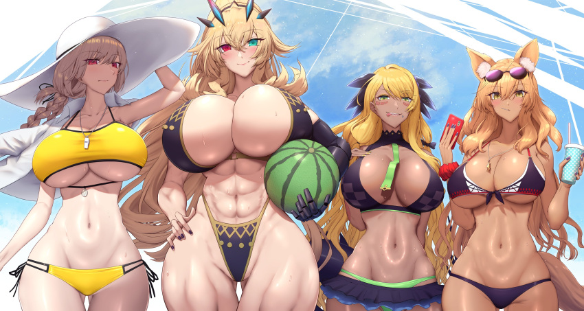 4girls abs absurdres alternate_skin_color animal_ears ass_visible_through_thighs bare_shoulders barghest_(fate) bikini black_bikini blonde_hair blue_sky blush breasts candy cellphone cleavage collarbone commentary_request cup dark-skinned_female dark_skin dragon_girl dragon_horns dragon_tail eyewear_on_head facial_mark fairy_knight_gawain_(ice_warrior)_(fate) fate/grand_order fate_(series) florence_nightingale_(chaldea_lifesavers)_(fate) florence_nightingale_(fate) folded_ponytail food fox_ears fox_girl fox_tail fruit gauntlets green_eyes hat heterochromia high_ponytail highleg highleg_bikini highres horns huge_breasts jewelry large_breasts lollipop long_hair looking_at_viewer mouth_hold multiple_girls muscular muscular_female navel necklace orange_eyes orange_hair phone pink_hair ponytail purple_bikini red_eyes shiroshisu sidelocks single_gauntlet sky smile sun_hat sunglasses suzuka_gozen_(fate) suzuka_gozen_(heavenly_demon_princess)_(fate) swept_bangs swimsuit tail thick_thighs thigh_gap thighs underboob vritra_(fate) vritra_(ocean_flyer)_(fate) watermelon whistle whistle_around_neck white_headwear yellow_bikini yellow_eyes