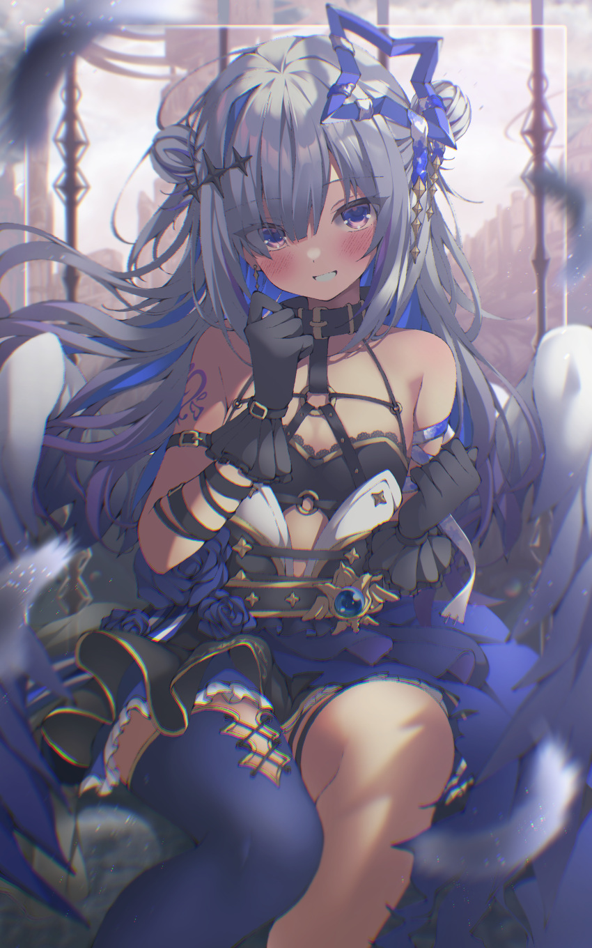 1girl absent absurdres amane_kanata angel angel_wings bare_shoulders black_choker black_gloves black_skirt blue_flower blue_hair blue_rose blue_thighhighs blush choker chromatic_aberration colored_inner_hair commentary fallen_angel feathered_wings feathers flower frilled_skirt frills gloves grey_hair grin hair_bun hair_ornament hair_over_one_eye halo highres hololive long_hair looking_at_viewer multicolored_hair purple_eyes rose shoulder_tattoo single_thighhigh sitting skirt smile solo star_halo streaked_hair symbol-only_commentary tattoo thighhighs virtual_youtuber wings