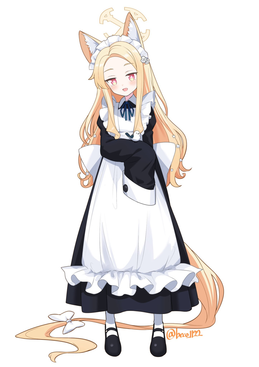 1girl absurdly_long_hair alternate_costume animal_ears apron beko_(beco_1122) bird bird_on_hand black_dress black_footwear blonde_hair blue_archive blue_ribbon bow bright_pupils commentary dress enmaided flower forehead fox_ears frilled_apron frills full_body gradient_eyes hair_bow hair_flower hair_ornament halo head_tilt highres jitome light_blush long-tailed_tit long_hair maid maid_apron maid_headdress mary_janes multicolored_eyes neck_ribbon open_mouth orange_eyes parted_bangs ribbon seia_(blue_archive) shoes simple_background sleeves_past_fingers sleeves_past_wrists smile solo standing tit_(bird) twitter_username very_long_hair very_long_sleeves white_apron white_background white_bow white_flower white_pupils yellow_eyes