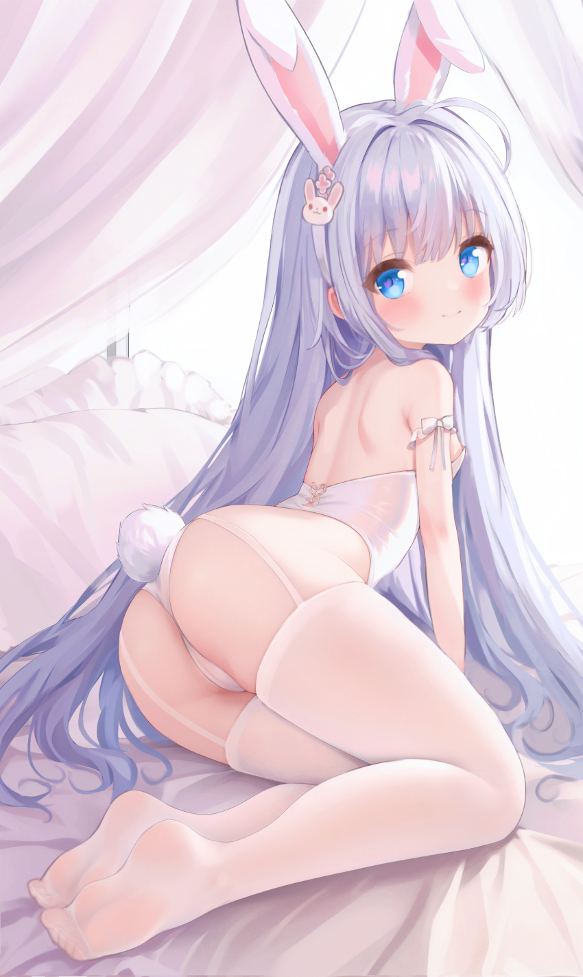 1girl animal_ears arm_support ass backless_leotard bed_sheet blue_eyes blue_hair blush bow breasts cameltoe closed_mouth commentary curtains fake_animal_ears fake_tail feet frilled_pillow frills full_body garter_straps highleg highleg_leotard highres indoors legs_together leotard long_hair looking_at_viewer nipple_slip nipples no_shoes original pillow playboy_bunny rabbit_ears rabbit_tail revision shoulder_blades sitting small_breasts smile soles solo split_mouth strapless strapless_leotard tail thighhighs thong_leotard toes very_long_hair wangyq white_bow white_leotard white_thighhighs yokozuwari