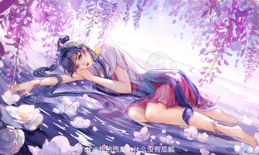1girl absurdres anklet baicaitoucaomao barefoot bracelet detached_collar douluo_dalu dress flower full_body gradient_hair hair_bun highres jewelry long_hair multicolored_hair parted_lips pink_dress ponytail ripples second-party_source short_sleeves solo tang_wutong_(douluo_dalu) water watermark white_flower wisteria