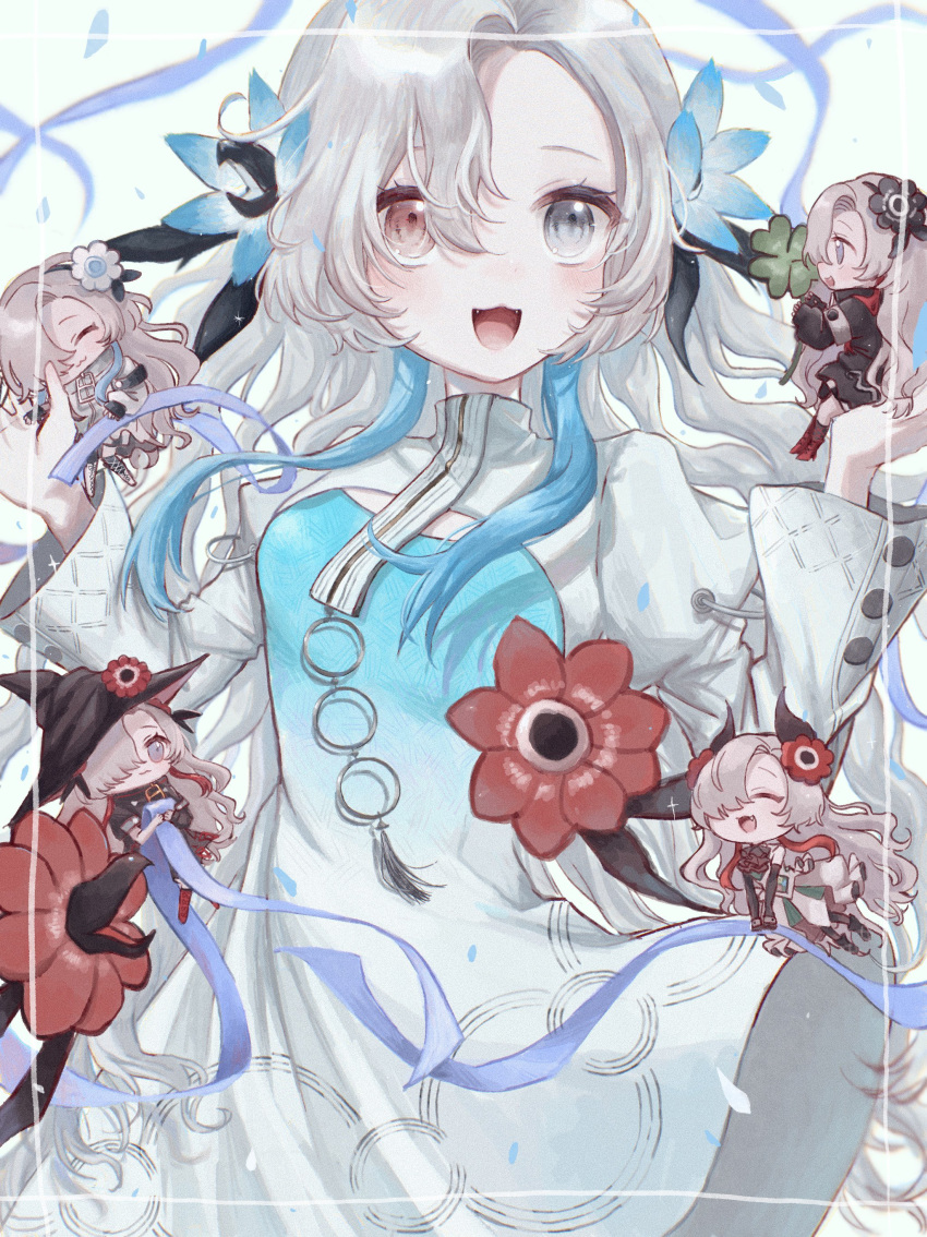 5girls :3 absurdres black_coat black_flower blue_dress blue_flower blue_hair blush carrying carrying_person cevio chibi clone clover coat commentary_request dress falling_petals fangs film_grain floating_hair flower four-leaf_clover gradient_dress grey_eyes hair_flower hair_ornament hair_over_one_eye hat heterochromia high_collar highres holding holding_clover holding_ribbon isekai_joucho kamitsubaki_studio long_hair looking_at_viewer multicolored_hair multiple_girls o-ring official_alternate_costume open_mouth petals purple_ribbon red_eyes red_flower red_hair ria_(rian_0210) ribbon shrug_(clothing) sidelocks streaked_hair transparent_border very_long_hair virtual_youtuber w_arms wavy_hair white_coat white_dress white_flower white_hair wide_sleeves witch_hat