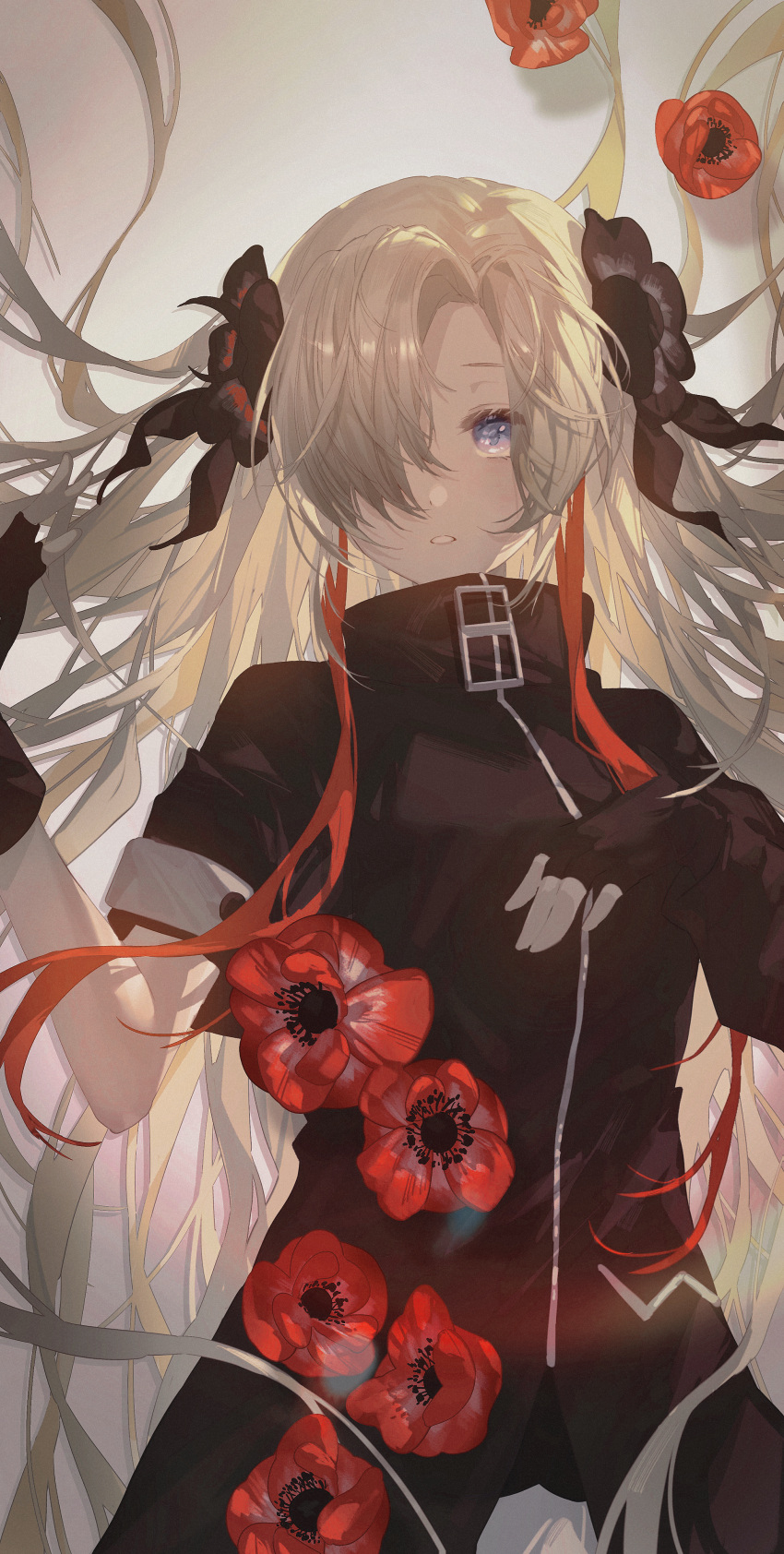 1girl absurdres anemone_(flower) asymmetrical_sleeves black_coat black_flower black_gloves blue_eyes coat expressionless fingerless_gloves floating_hair flower gloves grey_background grey_hair hair_flower hair_ornament hair_over_one_eye highres isekai_joucho kamitsubaki_studio kiduki long_hair looking_at_viewer multicolored_hair parted_lips red_hair solo two-tone_hair uneven_sleeves upper_body very_long_hair virtual_youtuber