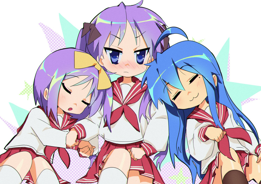 3girls annoyed blue_hair bow hair_between_eyes hair_bow highres hiiragi_kagami hiiragi_tsukasa izumi_konata lucky_star mole mole_under_eye multiple_girls puppet_art purple_eyes purple_hair red_sailor_collar red_skirt sailor_collar school_uniform skirt sleeping yellow_bow