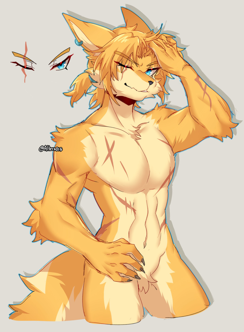 2023 absurd_res altern015 alternate_species anthro blonde_hair blue_eyes breath_of_the_wild canid canine canis claws featureless_crotch fur furrification hair hi_res link link_(wolf_form) male mammal navel nintendo one_eye_closed ponytail signature simple_background smile solo the_legend_of_zelda white_body white_fur wolf yellow_body yellow_fur