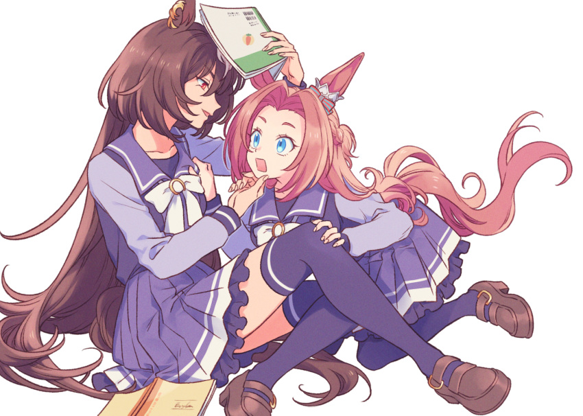 2girls animal_ears blue_eyes book bow bowtie breasts brown_footwear brown_hair eye_contact hand_on_another's_chin holding holding_book horse_ears horse_girl horse_tail kawakami_princess_(umamusume) kneeling komasawa_(fmn-ppp) long_hair long_sleeves looking_at_another looking_at_viewer multiple_girls open_book open_mouth parted_bangs purple_shirt purple_skirt purple_thighhighs red_eyes sailor_collar school_uniform shirt shirt_grab shoes sirius_symboli_(umamusume) sitting skirt small_breasts smile tail tail_through_clothes thighhighs tracen_school_uniform umamusume white_background