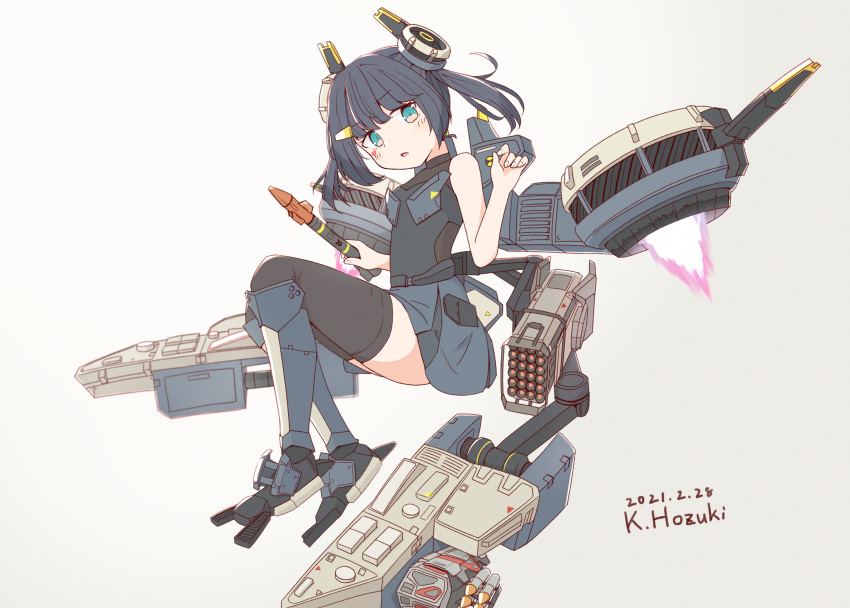 1girl absurdres battle_of_titans blue_eyes blue_hair chest_armor dark_blue_hair flying headgear highres holding holding_missile hozukikasumi low_twintails mecha_musume mechanical_legs mechanical_parts missile missile_pod multishot_rocket_launcher personification rocket_launcher skirt thighhighs thrusters twintails weapon white_background