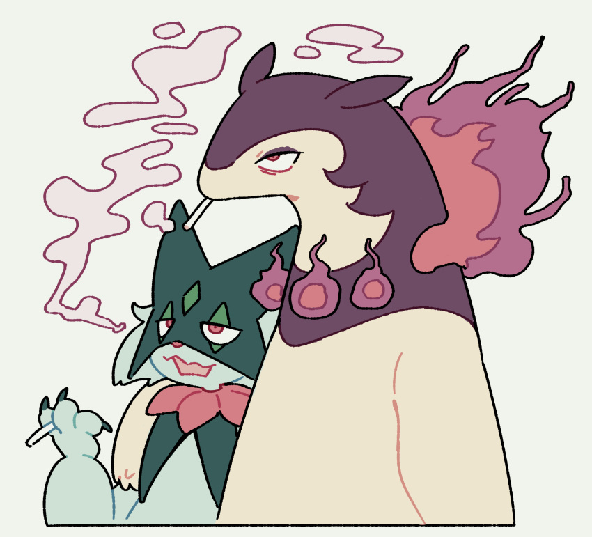 absurdres between_fingers cigarette commentary fire furry half-closed_eyes highres hisuian_typhlosion holding holding_cigarette magicact meowscarada no_humans open_mouth pokemon pokemon_(creature) red_eyes simple_background smoke smoking upper_body white_background