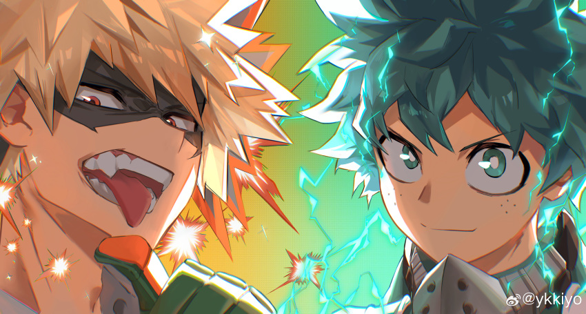 2boys absurdres adam's_apple alternate_eye_color aqua_background aqua_eyes aqua_hair bakugou_katsuki black_mask blonde_hair boku_no_hero_academia bright_pupils chinese_commentary chromatic_aberration closed_mouth diffraction_spikes electricity explosion eye_mask freckles furrowed_brow gloves gradient_background green_gloves hand_up headgear highres looking_at_viewer looking_to_the_side male_focus mask mask_around_neck midoriya_izuku mouth_mask multicolored_background multiple_boys narrowed_eyes open_mouth orange_eyes orange_gloves pointing pointing_at_self portrait sanpaku short_hair side-by-side sideways_glance smile sparkle spiked_hair split_mouth tongue tongue_out two-tone_gloves v-shaped_eyebrows weibo_logo weibo_username white_pupils yellow_background ykkiyo
