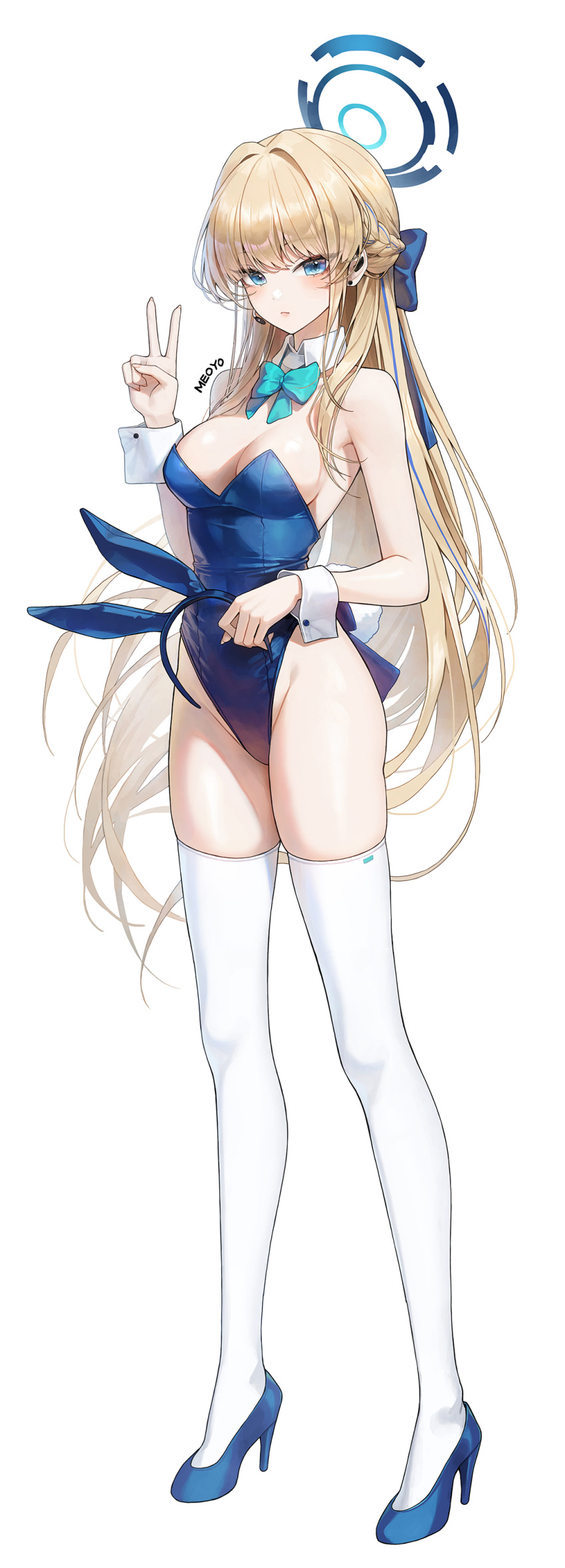 1girl absurdres aqua_bow aqua_bowtie bare_arms bare_shoulders blonde_hair blue_archive blush bow bowtie breasts closed_mouth detached_collar halo hand_up highres large_breasts long_hair meoyo playboy_bunny simple_background solo thighhighs thighs toki_(blue_archive) toki_(bunny)_(blue_archive) v white_background white_thighhighs wrist_cuffs