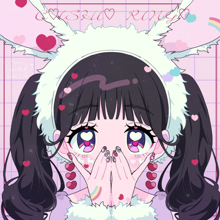 1girl animal_ears black_hair blush commentary_request copyright_request covered_mouth earrings fake_animal_ears hands_up heart heart_earrings heart_in_eye highres jewelry long_hair looking_at_viewer nail_art neki_(wakiko) pink_background purple_eyes rabbit_ears rainbow solo symbol_in_eye thick_eyebrows twintails