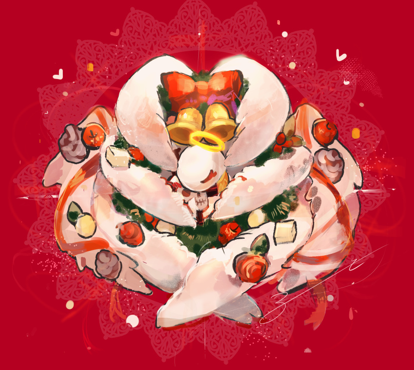 angel_wings aoruuto apple bell bow christmas christmas_tree closed_eyes commentary english_commentary food fruit halo highres lobotomy_corporation mixed-language_commentary multiple_wings no_humans one_sin_and_hundreds_of_good_deeds pinecone project_moon red_background red_bow signature simple_background skull whitenight_(lobotomy_corporation) wing_hug wings