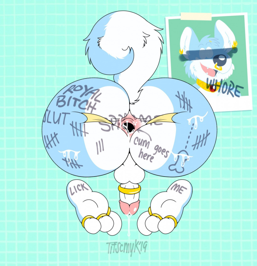 2019 accessory anthro balls big_butt biped bodily_fluids body_writing butt canid canine canis cock_ring cum digital_media_(artwork) flaccid fox genital_fluids genitals glans hi_res huge_butt hybrid jewelry male mammal mana_(manaozyfolf) penis penis_accessory penis_jewelry perineum rear_view simple_background solo tape twistcmyk wolf