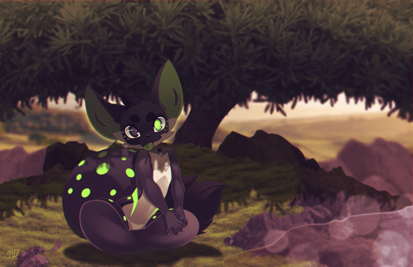 absurd_res anthro canid canine detailed_background fennec fox grass hair heterochromia hi_res kota_(kotafen) looking_at_viewer male mammal markings outside plant rudragon sitting smile solo spots tongue tree