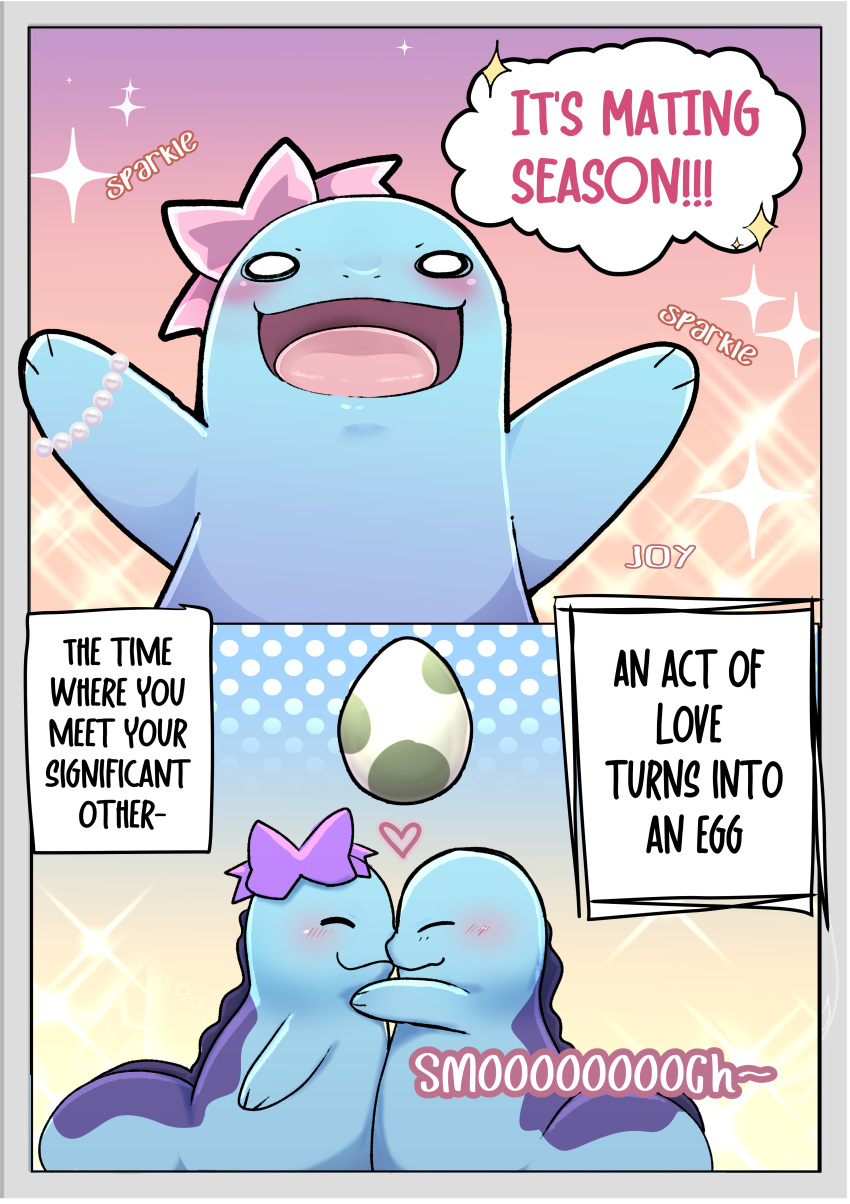 &lt;3 absurd_res bow_ribbon dialogue_box dots duo egg female feral generation_2_pokemon gradient_background hi_res interspecies kissing loreking love male male/female nintendo onomatopoeia pokemon pokemon_(species) pokephilia quagsire simple_background sound_effects sparkles speech_bubble text wet