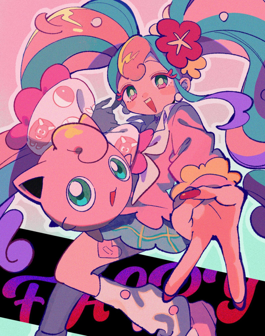 1girl bandaid bandaid_on_leg bull_sprite_(pokemon) cardigan earrings fairy_miku_(project_voltage) flower hair_flower hair_ornament hatsune_miku highres jewelry jigglypuff leg_warmers long_hair looking_at_viewer multicolored_hair ok_ko19 pink_cardigan pokemon pokemon_(creature) project_voltage skirt smile twintails two-tone_hair v very_long_hair vocaloid