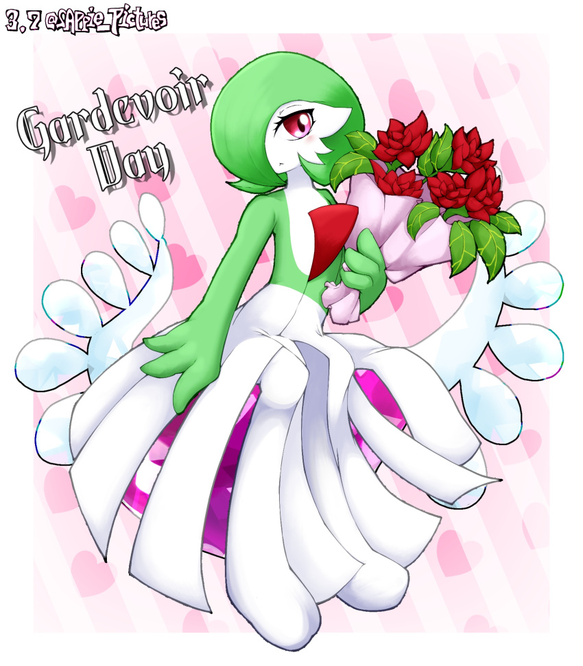 1girl :&lt; arm_at_side artist_name blush bob_cut border bouquet character_name closed_mouth colored_skin commentary_request dated english_text flat_chest flower full_body gardevoir gardevoir_day green_hair green_skin hair_over_one_eye half-closed_eyes hand_up heart heart_background highres holding holding_bouquet light_blush looking_at_viewer multicolored_skin one_eye_covered outside_border pink_background pink_gemstone pokemon pokemon_(creature) red_eyes red_flower short_hair signature sitting solo striped striped_background twitter_username two-tone_skin white_border white_skin yukkuringo