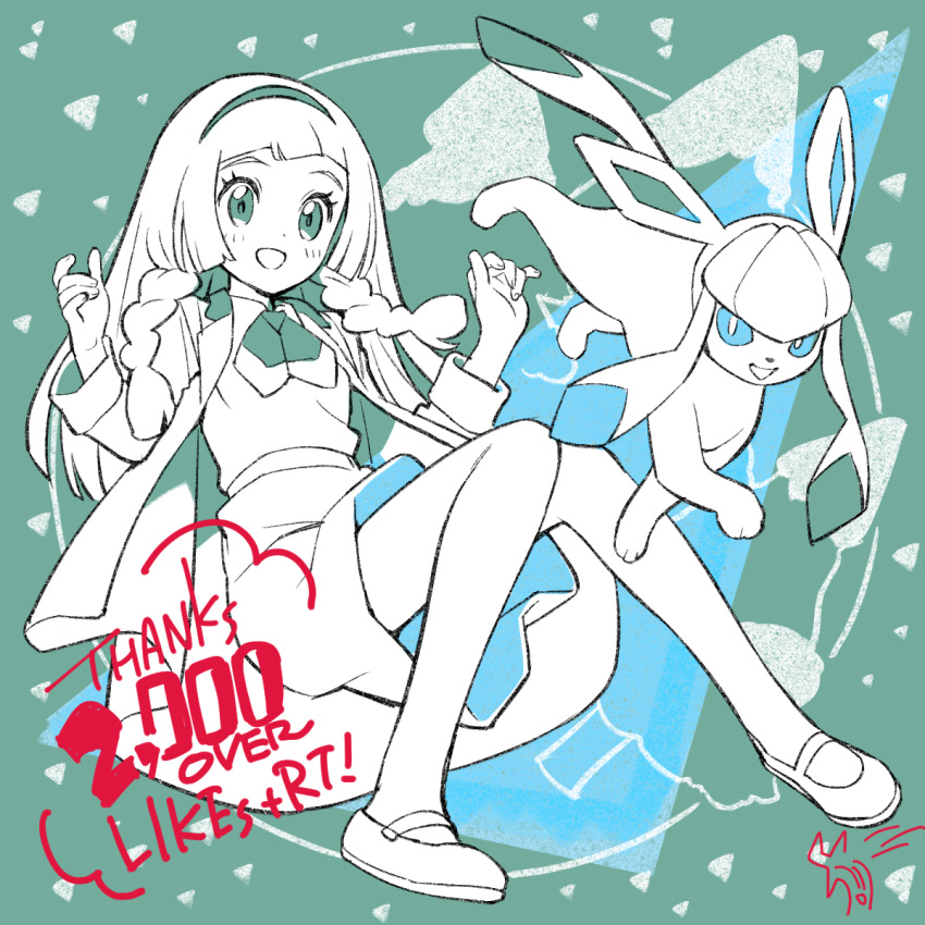 1girl blunt_bangs blush braid coat cosplay eyelashes glaceon green_background green_eyes hairband hands_up highres kinocopro knees_together_feet_apart lillie_(pokemon) long_hair long_sleeves milestone_celebration open_clothes open_coat pokemon pokemon_(anime) pokemon_(creature) pokemon_journeys regina_(pokemon) regina_(pokemon)_(cosplay) shirt shoes skirt smile twin_braids w_arms