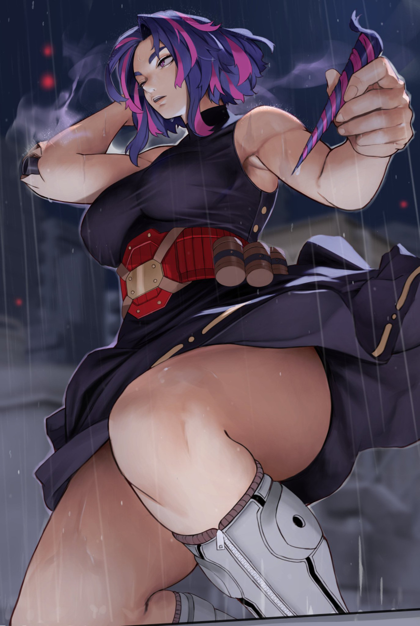 1girl bare_arms black_dress blue_hair boku_no_hero_academia boots breasts dark_blue_hair dress highres lady_nagant looking_ahead multicolored_hair night night_sky open_mouth pink_hair purple_eyes rain short_hair sky sleeveless smoke solo two-tone_hair yoshio_(55level) zipper