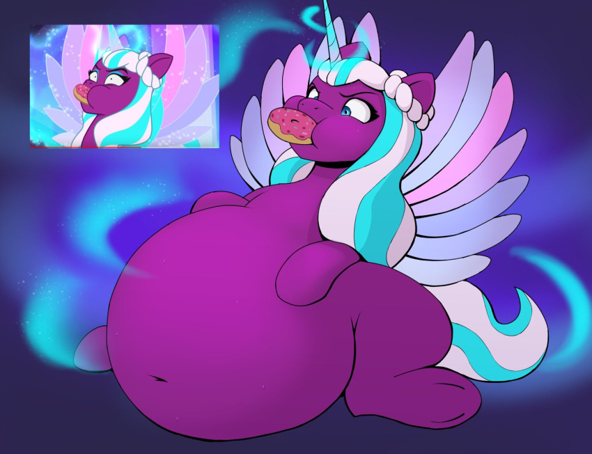 ahobobo belly big_belly blue_eyes blue_hair blue_tail braided_hair dessert digital_media_(artwork) doughnut equid equine eyelashes feathered_wings feathers female feral food fur hair hasbro hooves horn magic mammal mlp_g5 multicolored_hair my_little_pony navel obese obese_female obese_feral opaline_(mlp) overweight overweight_female overweight_feral purple_body purple_fur screencap tail two_tone_hair two_tone_tail underhoof white_hair white_tail winged_unicorn wings